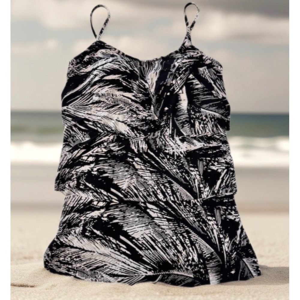 Jamaica Bay Tiered Tankini Swimsuit Women 18W Black White Palm Print One Piece